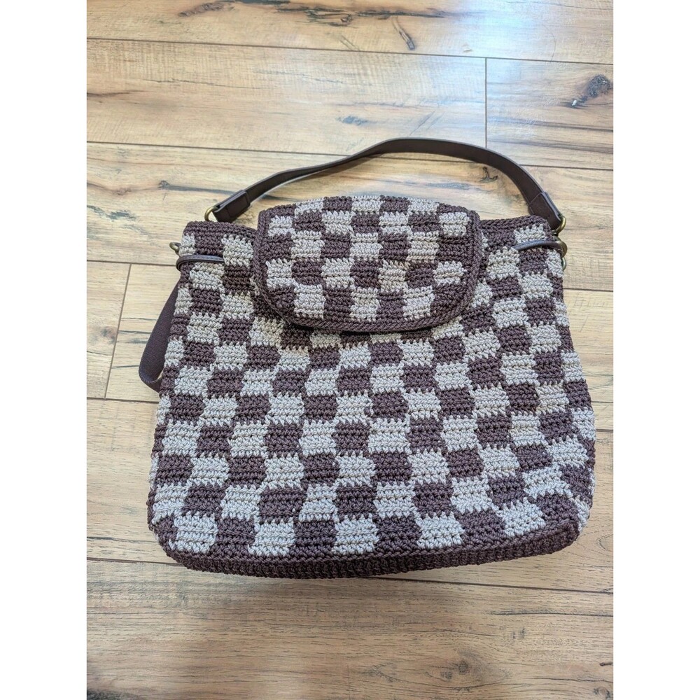 The Sak Crochet Convertible Backpack Shoulder Bag Brown Beige Checkered Flap